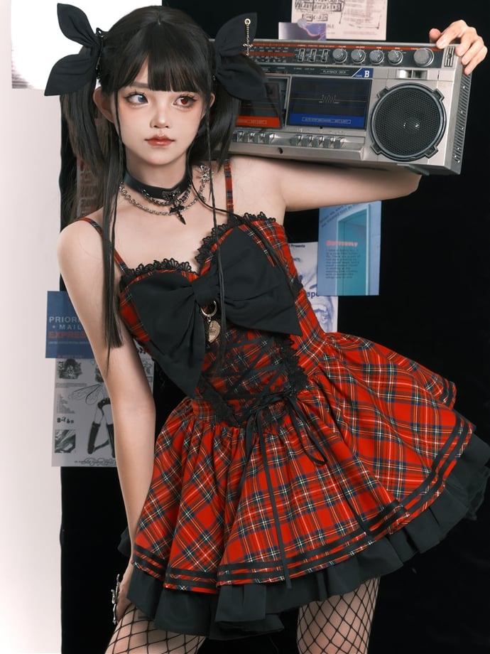 Red Plaid Print Bow Accent Sweetheart Neckline Jumper Skirt Idol Dress
