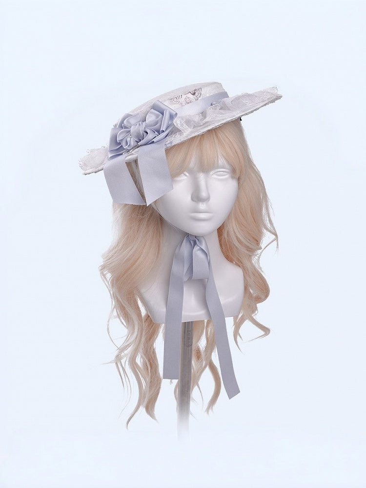 White & Blue Antique Print Flat Hat with Bow & Lace - Meng Fu Zi