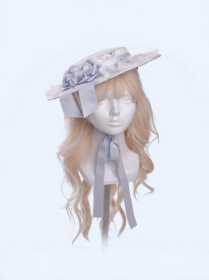 White & Blue Antique Print Flat Hat with Bow & Lace - Meng Fu Zi