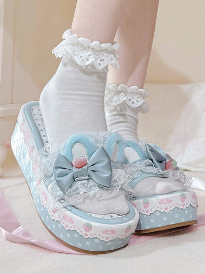 Plush Platform Trim Ear Blue Bunny Slippers Bow Accents Lolita Lace Sweet