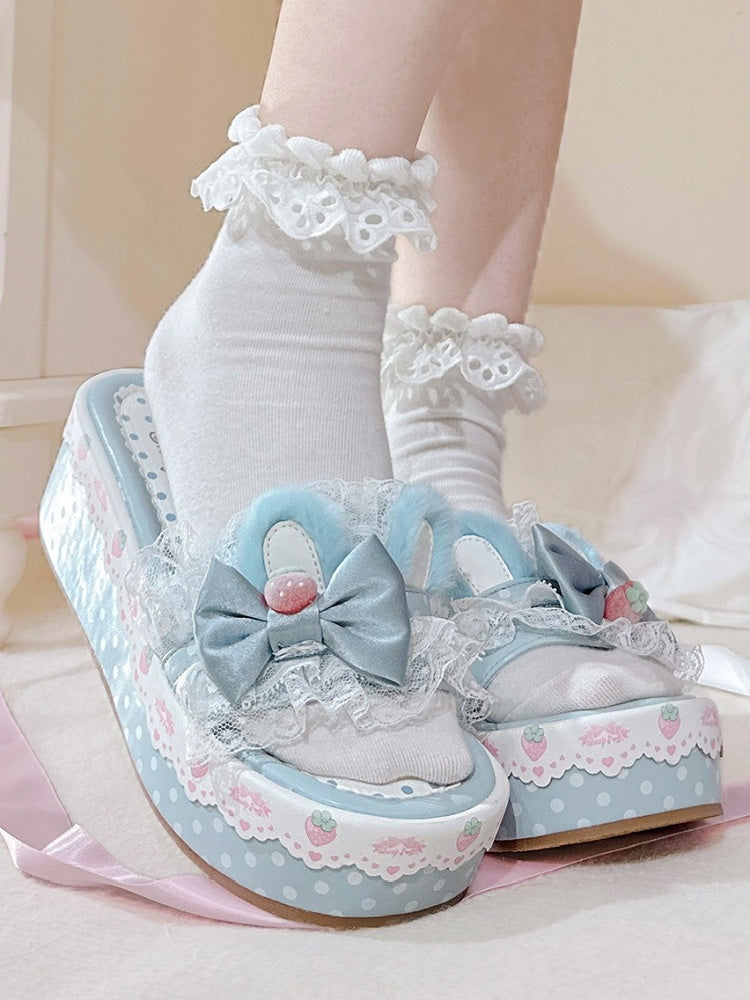 Lolita Trim Bunny Accents Blue Bow Lace Sweet Platform Plush Slippers Ear