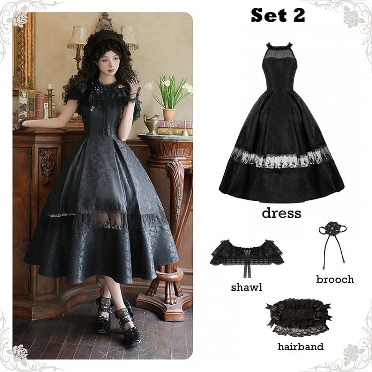 Neck Fabric Jacquard Halter Dress Full Rosette Black Set Illusion Elegant
