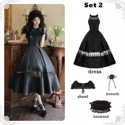Neck Fabric Jacquard Halter Dress Full Rosette Black Set Illusion Elegant