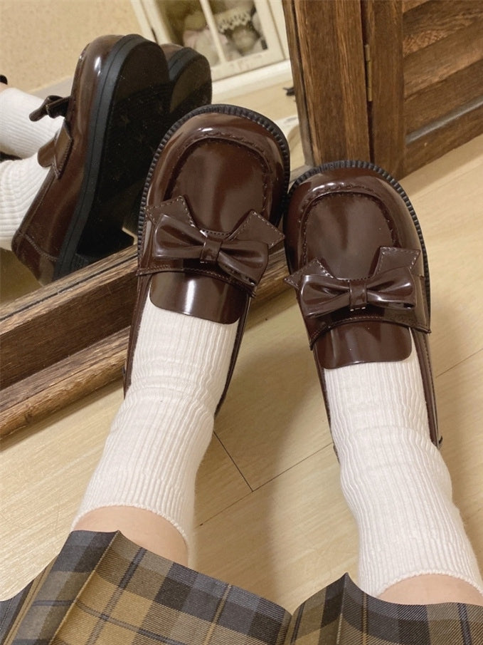 Style JK 3cm/4.5cm Slip-On with Detachable Preppy Shoes Heel Decor Brown Bow Design