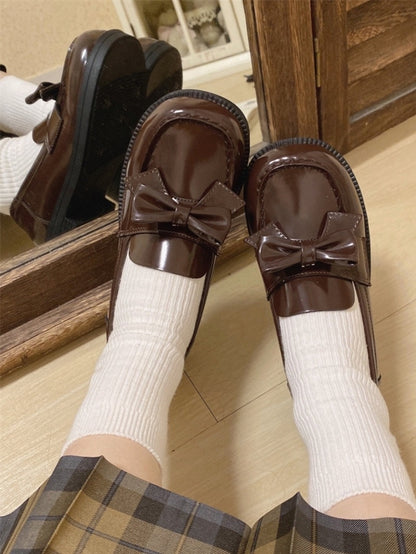 Style JK 3cm/4.5cm Slip-On with Detachable Preppy Shoes Heel Decor Brown Bow Design