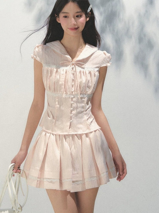Pleating Waist Sweet Cinched Pink Details Sleeve with Blouse Puff
