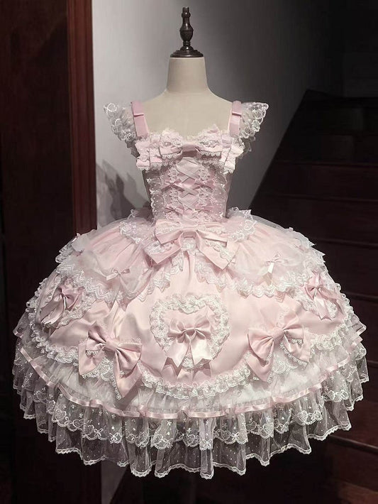 Details Cute Dress Lace Pink Bow JSK with Princess Lolita Doll-Style