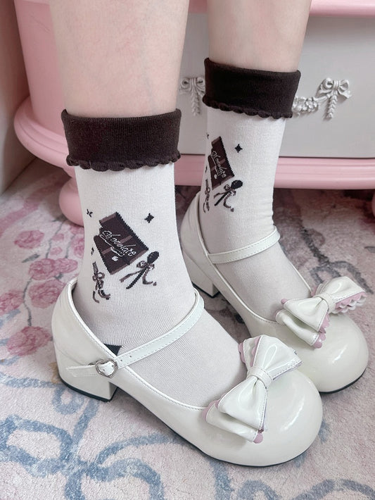 Socks Print Bowknot Lolita Calf White Details Chocolate