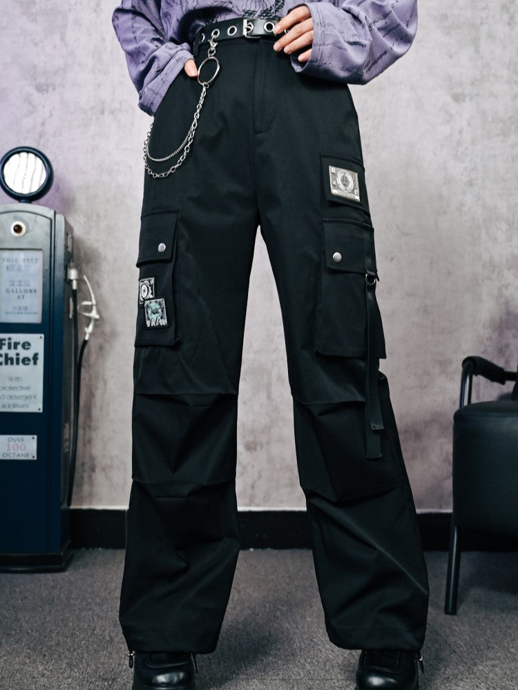 Embroidered Gothic Pockets Cheongsam Eyeball Cargo Cuffs with Black Drawstring Pants