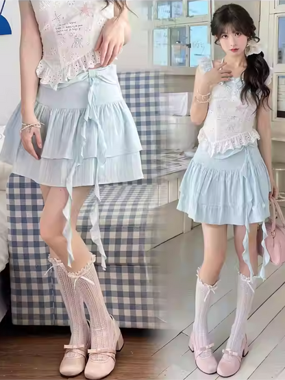 ゆめかわいいブルーのリボンディテールウエストティアードスカート