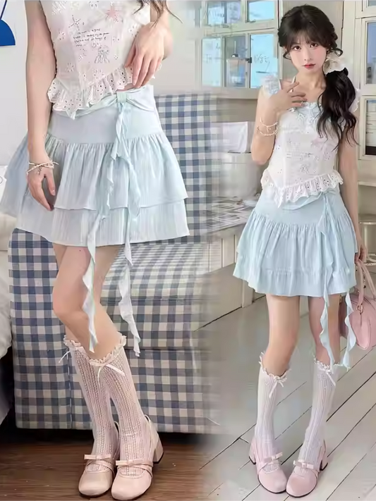 ゆめかわいいブルーのリボンディテールウエストティアードスカート