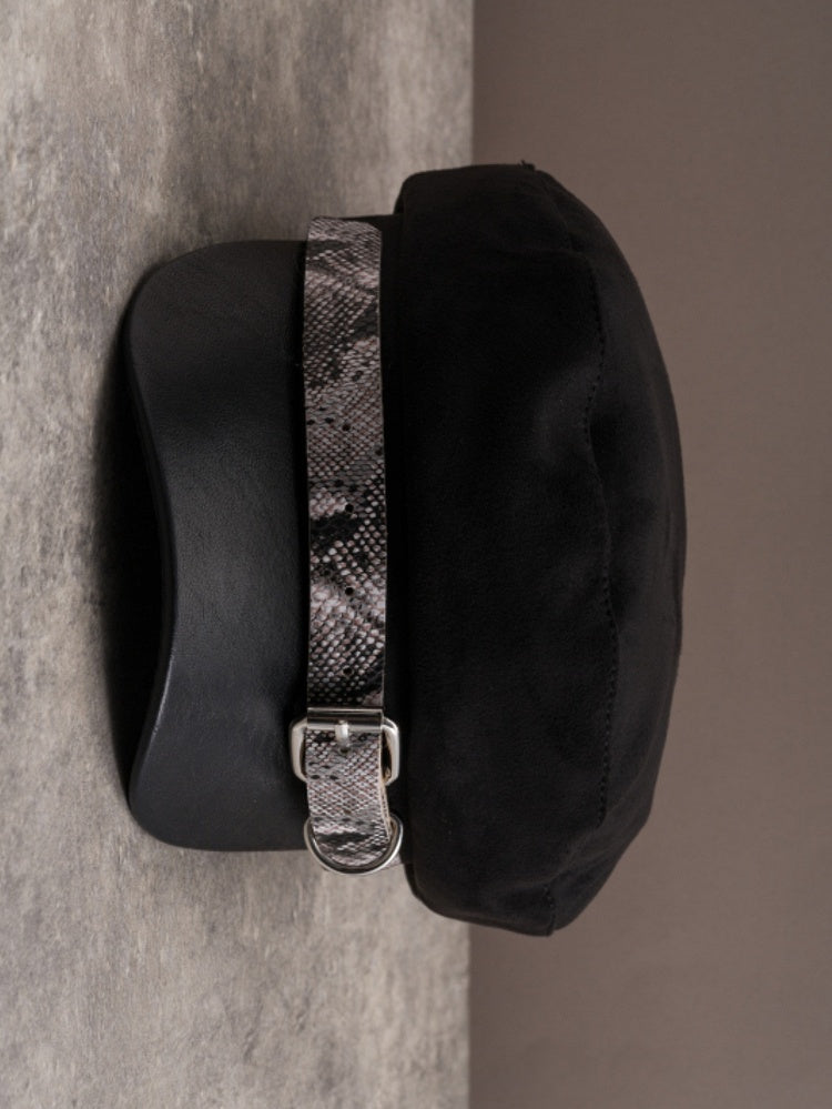 Buckle Gothic Pattern Design Black Snakeskin Beret Hat