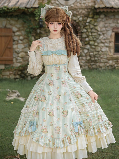 Green Striped Floral One-Piece Gown with Hair Bow & Choker - With PUJI