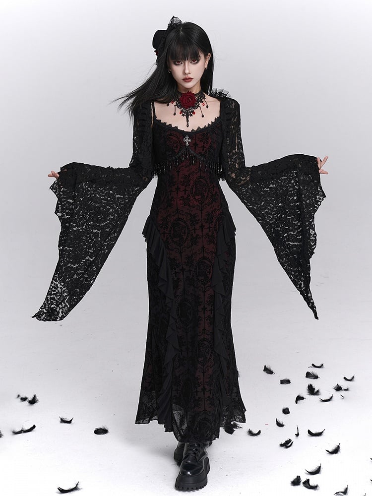 Dress Cross Halloween Slip Black with Fringe Embroidery Mermaid Detail Gothic