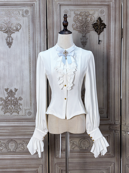 Tie and Long-sleeved Placket Lolita Jabot White with Blouse Ruffled
