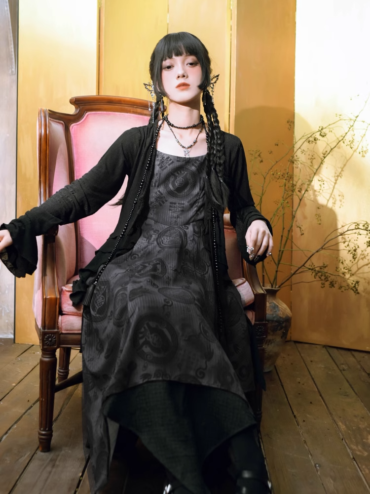 Hem Cheongsam Style Graphic Handkerchief Cami Chiffon Dress Black