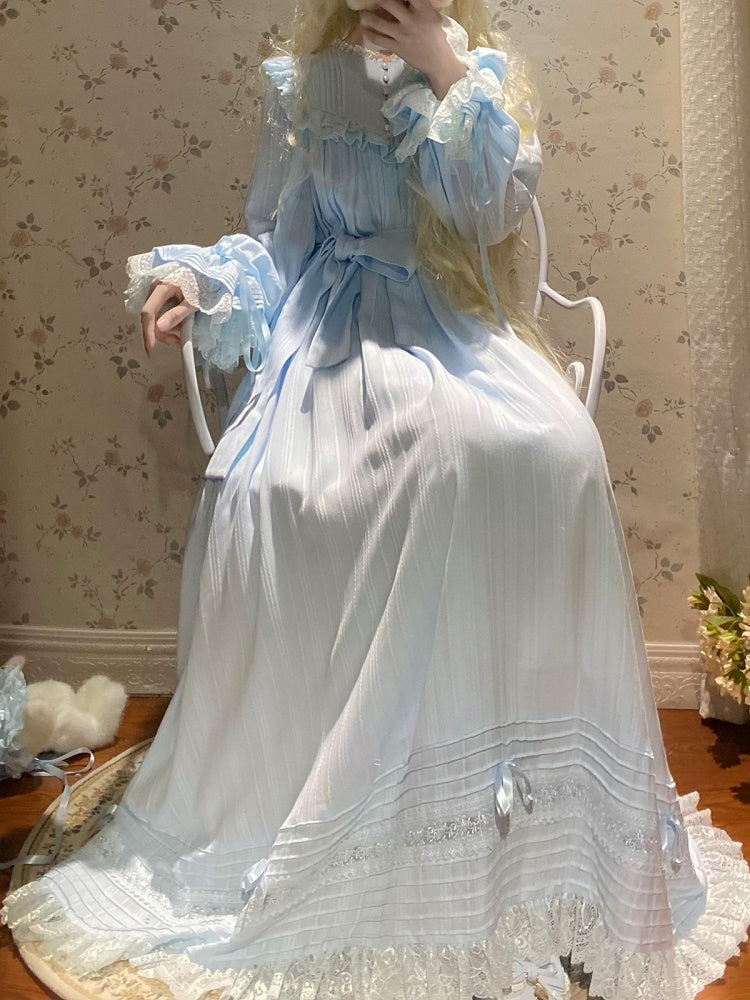 Lace Trim Long Sleeve OP Dress with Ruffles, Blue Lolita Style - Hua Xia Miao