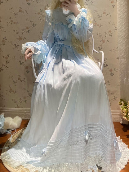 Lace Trim Long Sleeve OP Dress with Ruffles, Blue Lolita Style - Hua Xia Miao