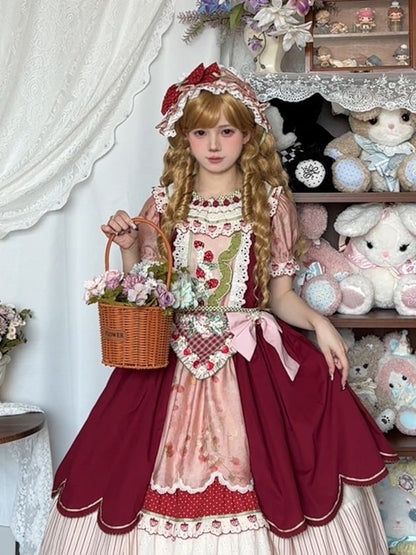 Wine Red Plaid Apron with Strawberry Embroidery - Unfinished Fairy Tales