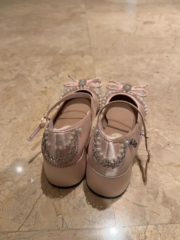 High-heel Sweet Mary Bow Accents Dark Pink Details Rhinestones Lolita with Jane Shoes