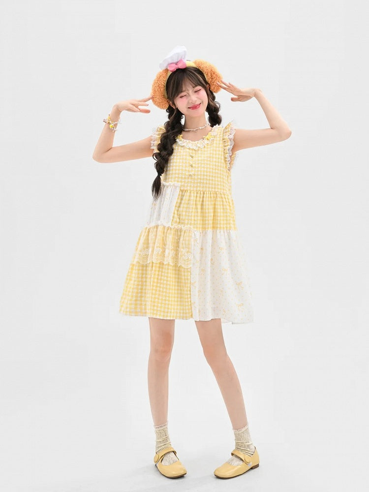 Plaid Dress Tiered Yellow Patchwork Design Flutter Sleeves Sweet