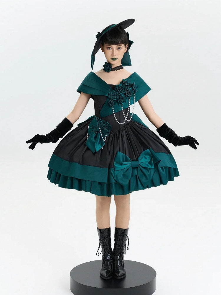 Green Black Off-Shoulder Boned Lolita Gown - Treasure Box Factory