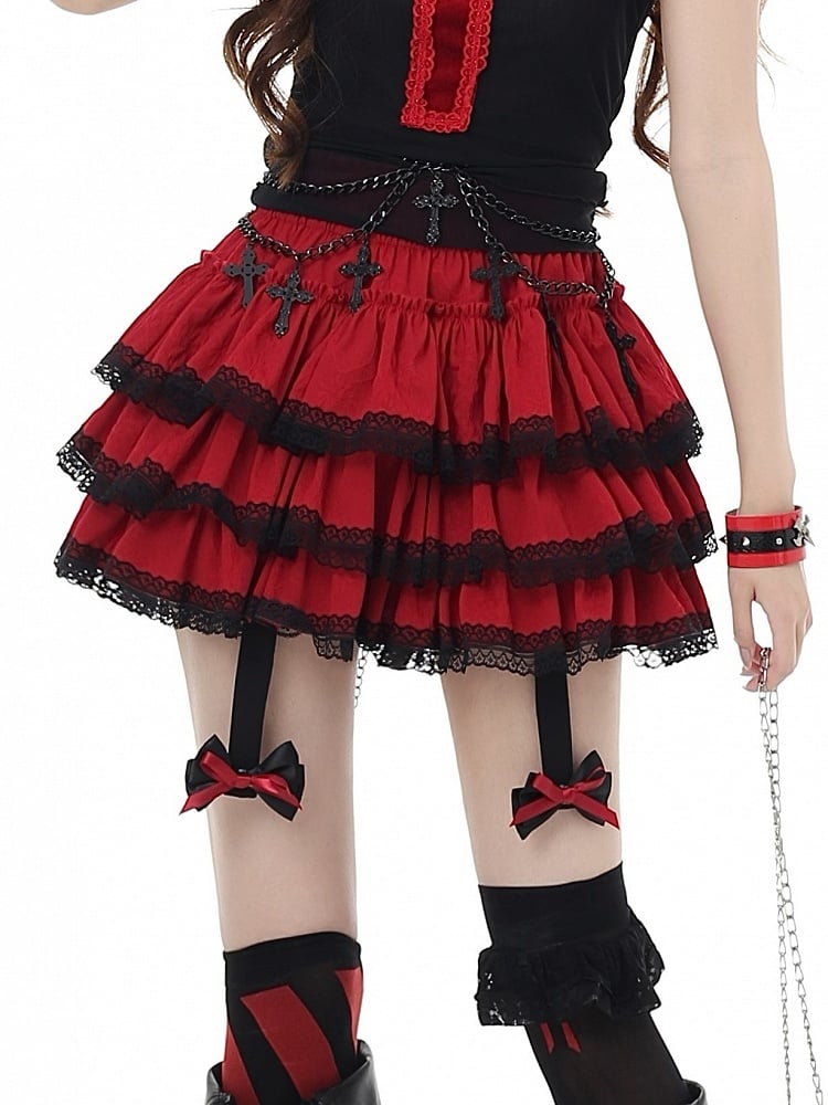 and Trim Glamorous Black Bowknot Tiered Skirt with Lace Red Y2K Detachable
