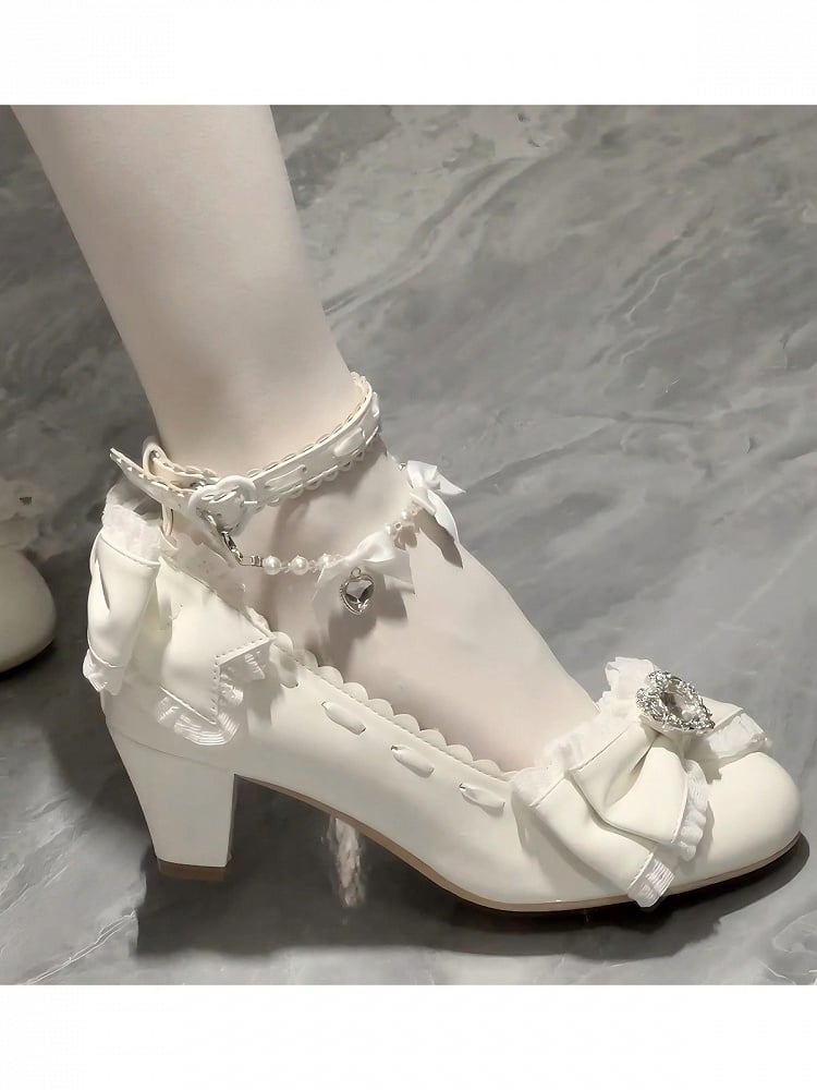 Crystal-Adorned Mid Heel Shoes with Butterfly Bow & Pearl Chain Elegant - Pastry Chef Lolita