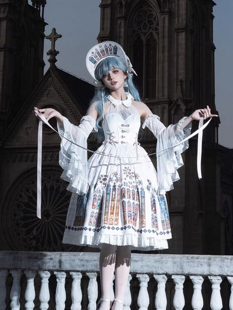Window Halter White Gothic Lolita Neck Print Stained Jumper Church Skirt
