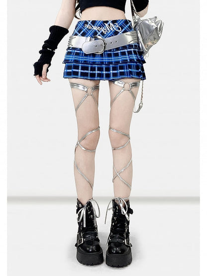 Musterrock Buchstabe Plaid Print Blau Y2K Plissee Klein