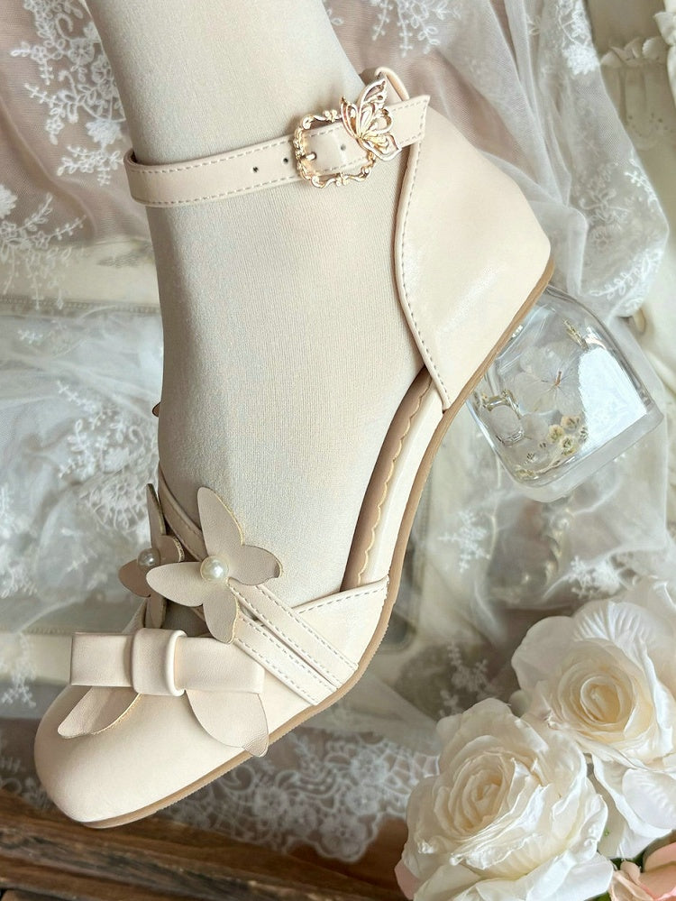 Decorative - Lolita Mid Heel Shoes Bow Classic in Apricot