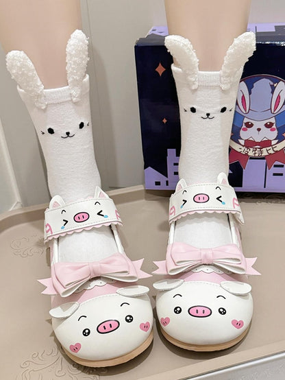 Pig Featuring PU Shoes Cute in Trim Print Removable White Scalloped Flat - Bow