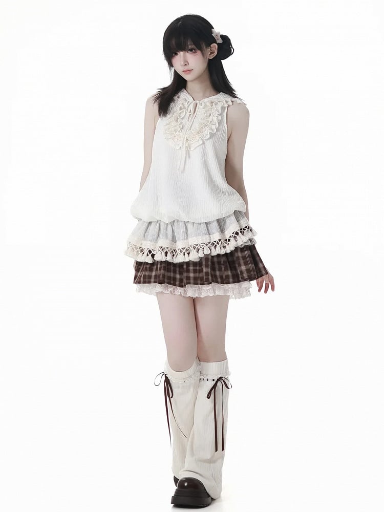 ブラウンのチェック柄レーストリムのティアードスコート