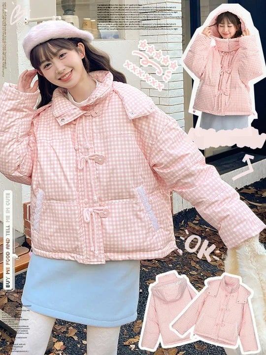 Pink Plaid Hooded Down Sweetheart Button Jacket
