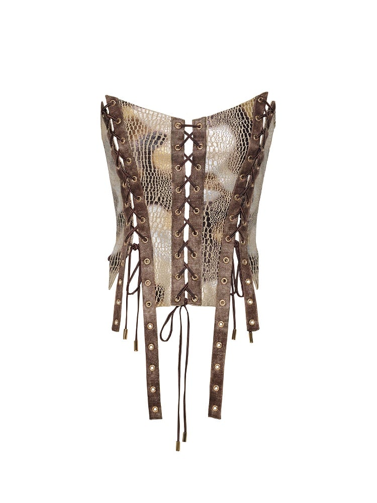 Pattern Punk Wasteland Braunes Tube Top mit Schnürung und Schlangenhaut