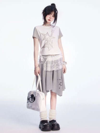 and Waist Asymmetrical Hem Low White Gray Star Print