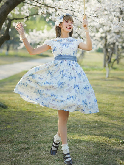 Sweet Bowknots Print Blue High Waist Retao Lolita Dress