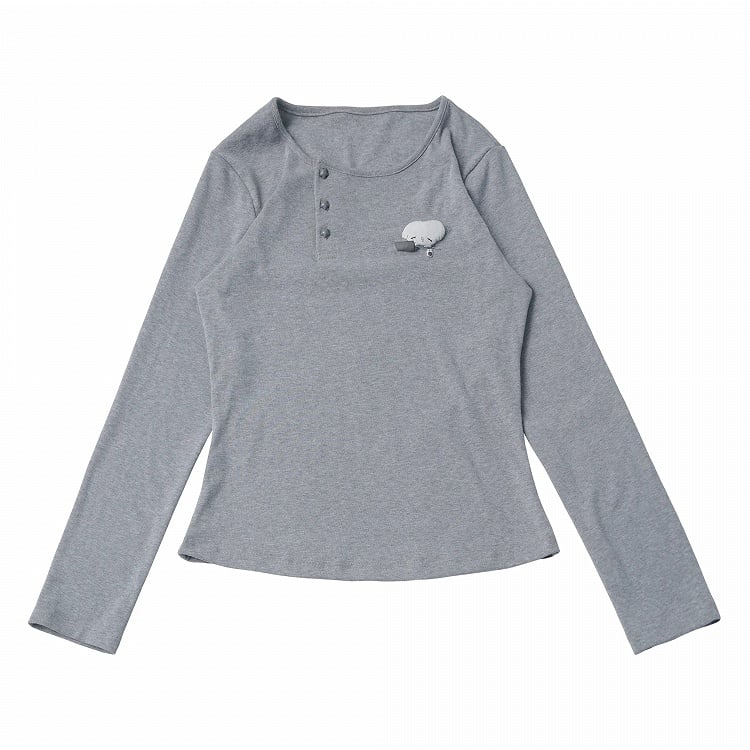 Kawaii Grey Puffy Mouse Print Waist-cinching Long Sleeve Top with Shawl - PINK SAVIOR