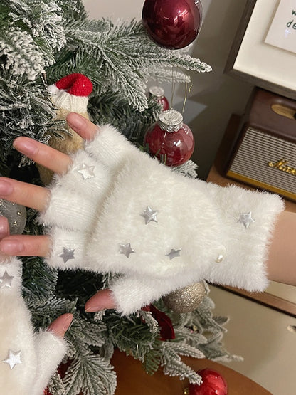 Schwarz/weiße Plüschhandschuhe mit Stern-Klappe