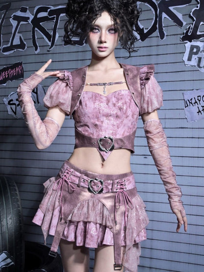 Pastel Rhinestone Cami Y2K Sequin Denim Buckle Top Punk Heart with Belt Pink