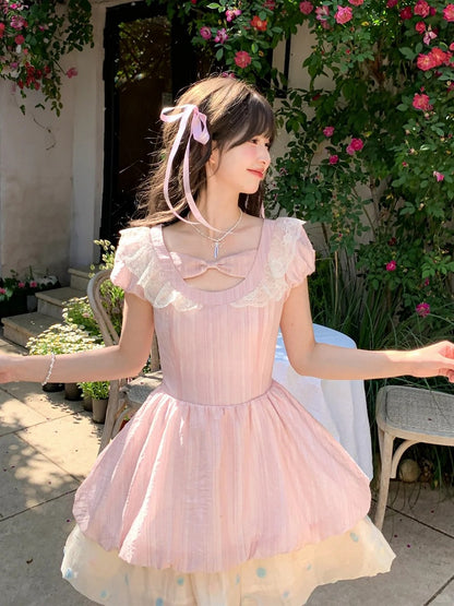 Rosa Bowknot Detail Ausschnitt Stufenrock Saum Süßes Kleid Bunte Polka Dot