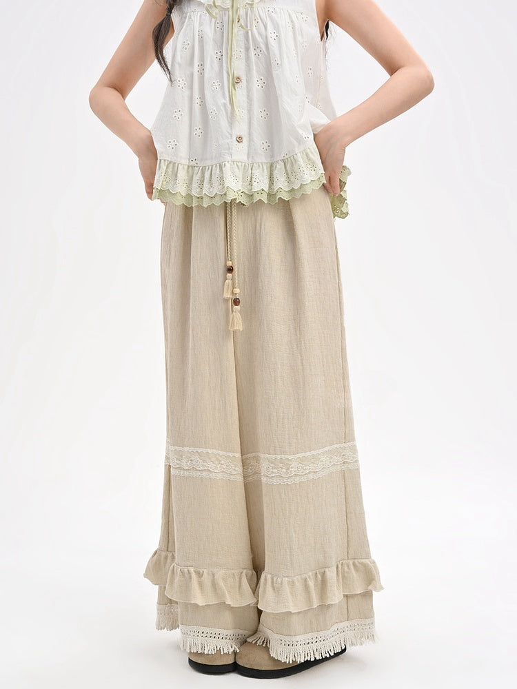 Ruffled Khaki Flax Tassel Cuffs Trim Drawstring Regular/Short Waist Wide-Leg Pants Version