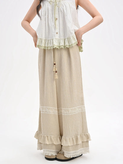 Ruffled Khaki Flax Tassel Cuffs Trim Drawstring Regular/Short Waist Wide-Leg Pants Version