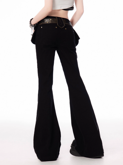 Buckle Waist Studded Cuffs Flared Pants with Black Low Belt