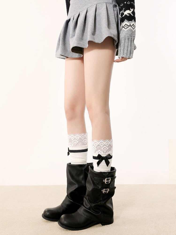 Gray Calf Bow Black/White/Dark Accent Socks Trim Lace
