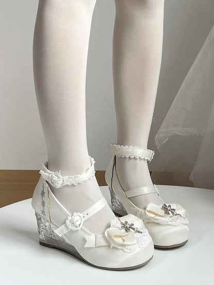 Elegant White Slope Heel Lolita Shoes with Lace and Bow - Vintage Sweetheart