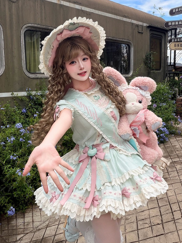 Mint Green Round Neck Short Sleeve Layered Ruffle Lolita OP with Apple Embroidery - Yinying Lolita