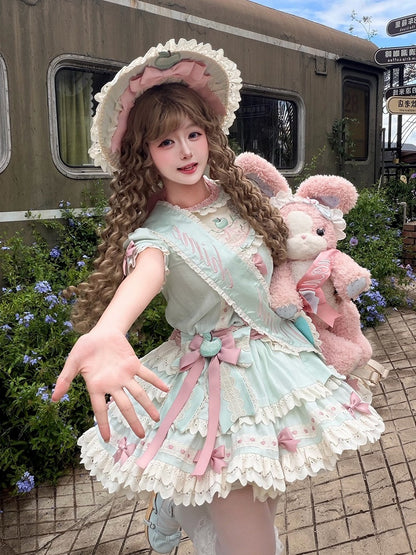 Mint Green Round Neck Short Sleeve Layered Ruffle Lolita OP with Apple Embroidery - Yinying Lolita