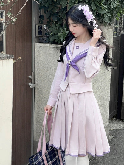 Print Skirt Uniform JK Pruple Style Pleated Preppy Clover Four-leaf