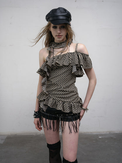 Cascading Top Khaki Asymmetrical Ruffles Star with Black Patterns Neckline Striped